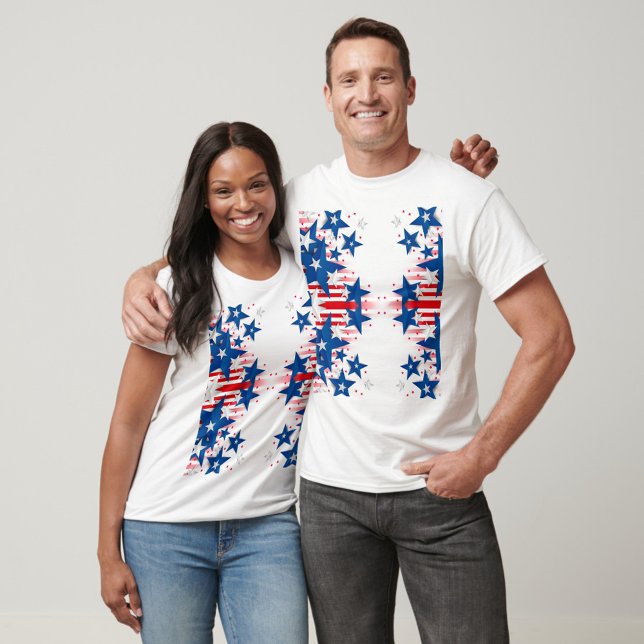 Blue Stars T - Shirt (A white t-shirt featuring a vibrant design of red, white, and blue stars and stripes.  )