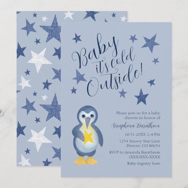 Blue Stars Winter Penguin Baby Dusche Einladung (Vorne/Hinten)
