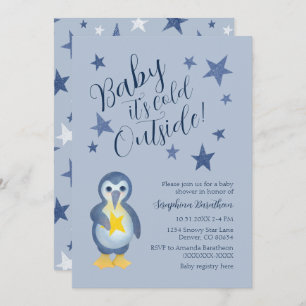 Blue Stars Winter Penguin Baby Dusche Einladung