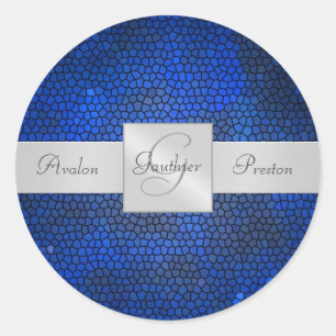 Blue Stated Glass Monogram Wedcker Runder Aufkleber