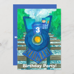 Blue Steam Train 3. Geburtstag Party Einladung