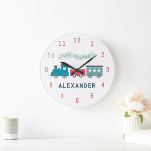 Blue Steam Train Kids Boy Kinderzimmer Clock Große Wanduhr
