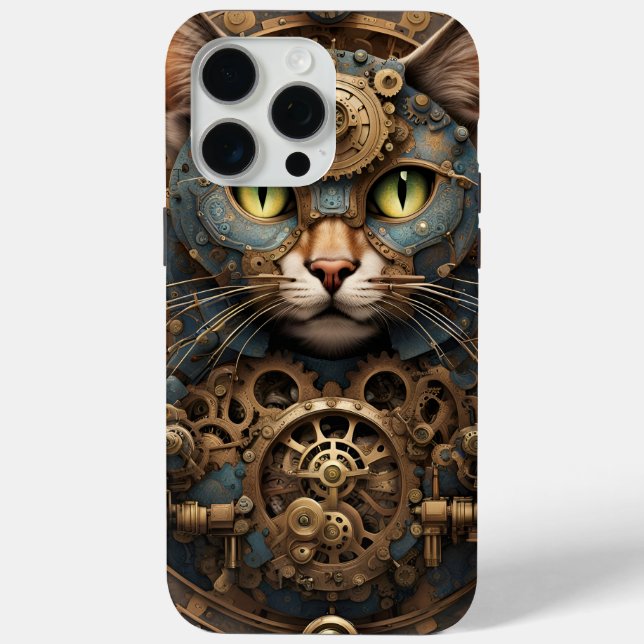 Blue Steampunk Cat AI art iPhone 15 Pro Max Case (Rückseite)