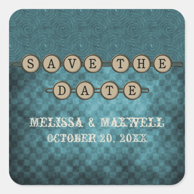 Blue Steampunk Keys Save the Date Stickers (Vorderseite)