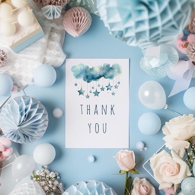 Blue Sterne Vielen Dank für die Flachkarte Dankeskarte (Soft, pastel colours, starry sky, and fluffy clouds blue thank you card)