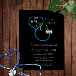 Blue Stethoscope EKG Nursing Graduation Party Einladung