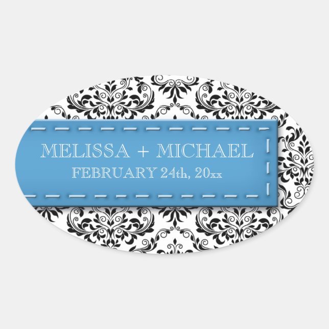Blue Stitched Damask Wedding Large Favor Stickers (Vorderseite)