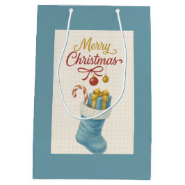 Blue Stocking Christmas Gift Bag — Ivory Plaid, “ Mittlere Geschenktüte
