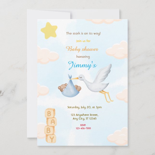 Blue Stork Baby Dusche Einladung (Vorderseite)