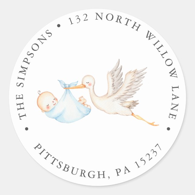 Blue Stork Baby Dusche Rücksendeadresse Runder Aufkleber (Vorderseite)