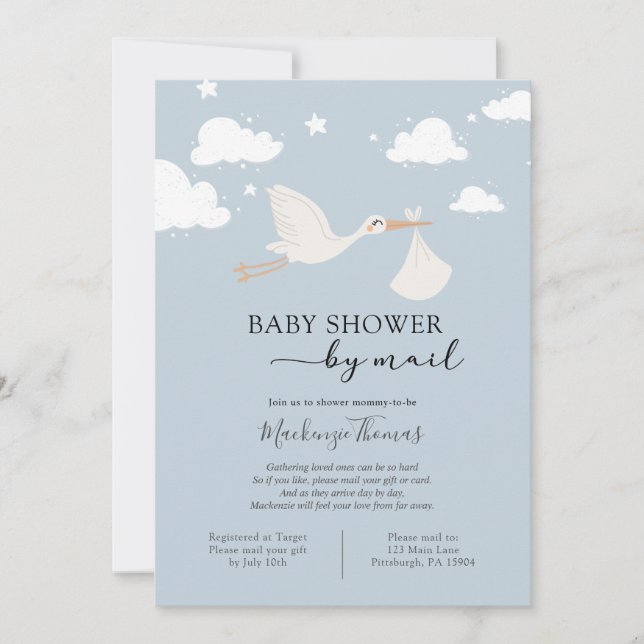 Blue Stork Baby Dusche von Mail Einladung (Vorderseite)