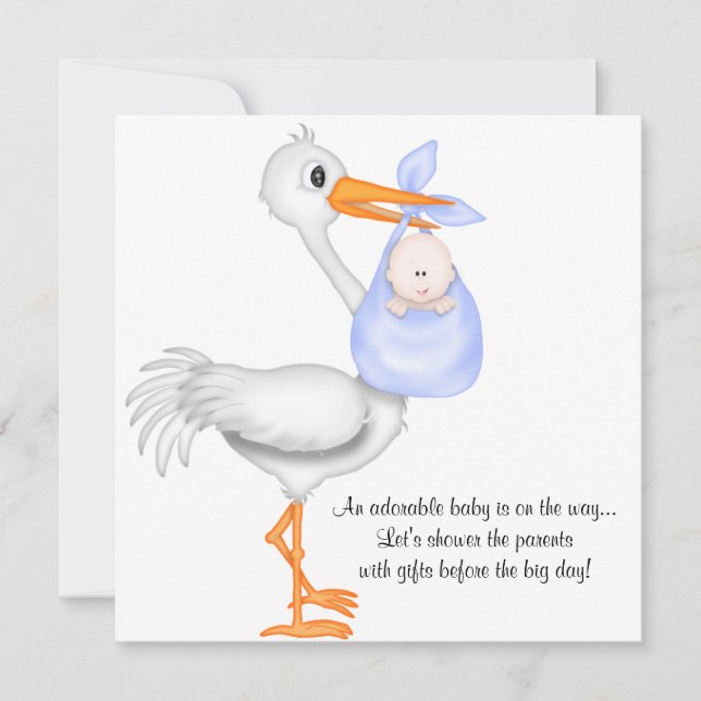Blue Stork Baby Shower Boy Einladung Ankündigung (Vorderseite)
