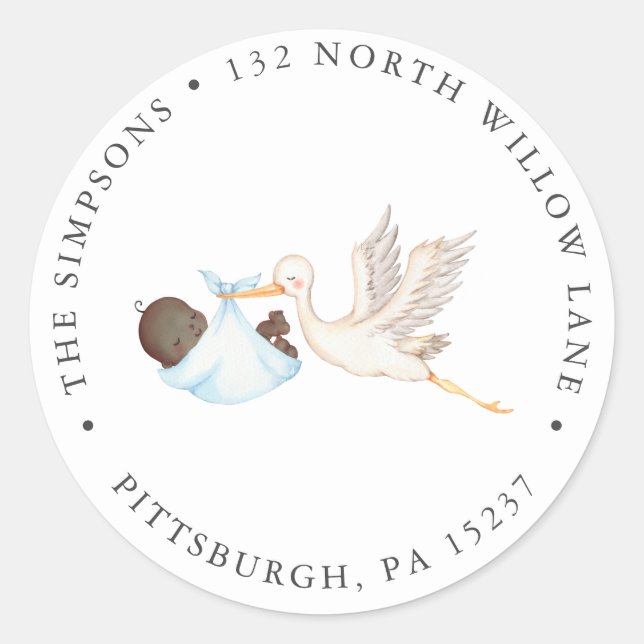 Blue Stork Baby Shower Rücksendeadresse Classic Ro Runder Aufkleber (Vorderseite)