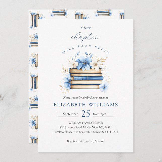 Blue Storybook Baby Shower Invitation Boy Einladung (Vorne/Hinten)