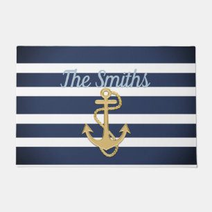 Blue Streifen & Gold Anker Nautic Fußmatte
