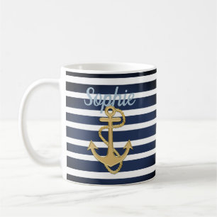 Blue Streifen & Gold Anker Nautic Kaffeetasse