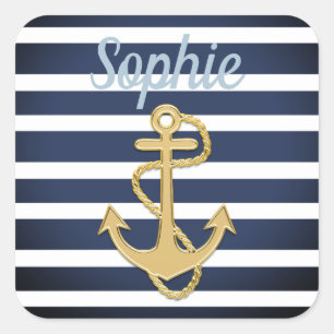 Blue Streifen & Gold Anker Nautic Quadratischer Aufkleber
