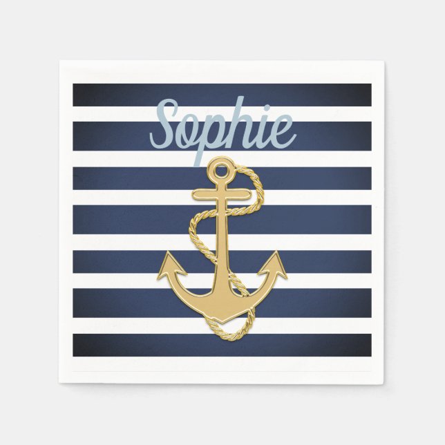 Blue Streifen & Gold Anker Nautic Serviette (Vorderseite)