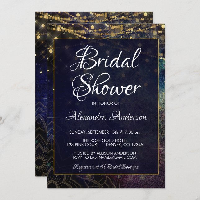 Blue String Light Mandala Brautparty Party Einladung (Vorne/Hinten)