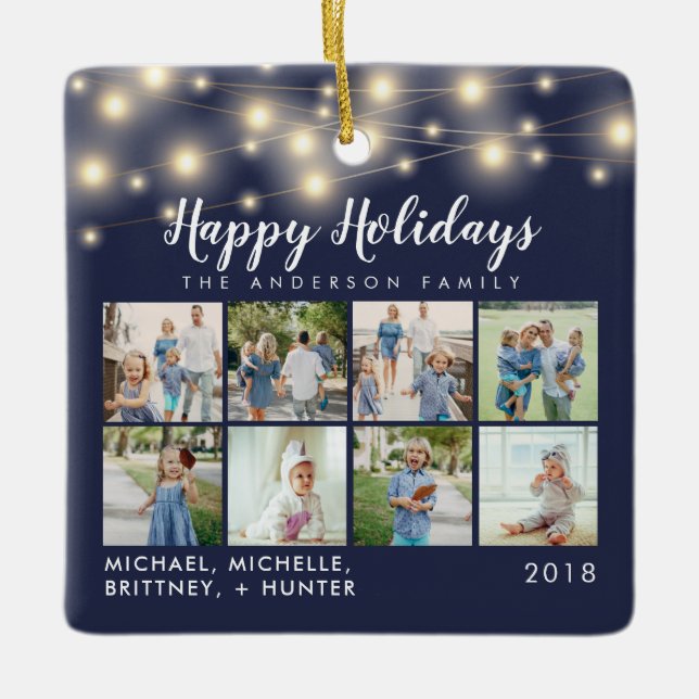 Blue String Lights 8 Foto Holiday Keramikornament (Vorderseite)