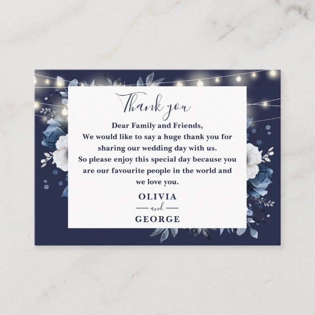 Blue String Lights Floral Wedding Vielen Dank Platzkarte (Vorderseite)