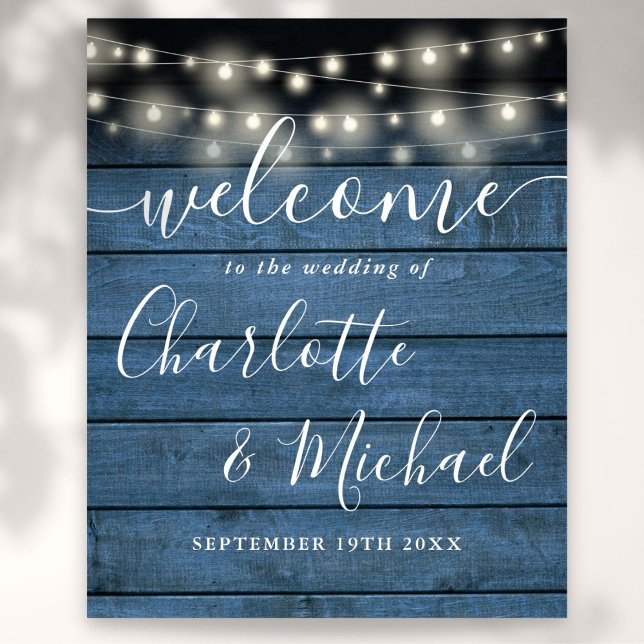Blue String Lights Rustic Wedding Welcome Sign Poster (Blue String Lights Rustic Wedding Welcome Sign)