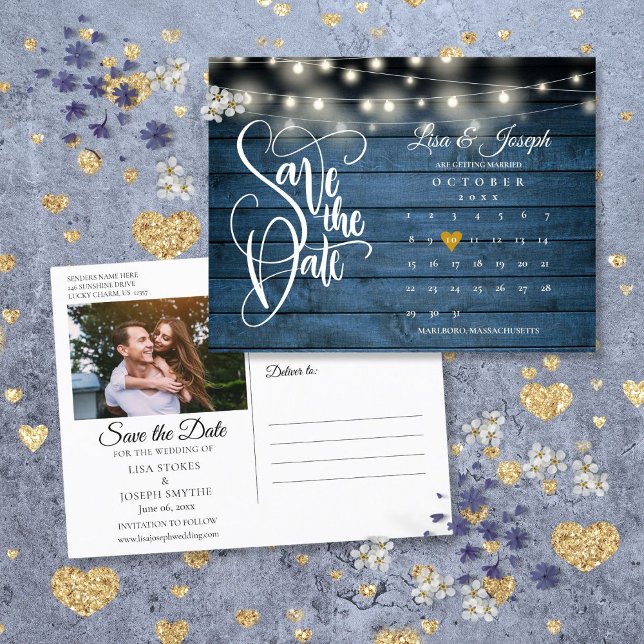 Blue String Lights Save the Date Calendar Foto Ankündigungspostkarte (Blue String Lights Save the Date Calendar Photo Announcement Postcard)