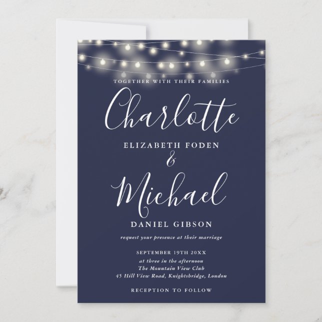 Blue String Lights Script Foto Wedding Einladung (Vorderseite)
