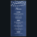 Blue String Lights Wedding Menu Card Menükarte<br><div class="desc">Moderne Hochzeitskarte mit schlichter, eleganter Linienleuchte, die über das Oberteil hängt und eine elegante Mischung aus modernen und kalligraphischen Script-Schriftart auf einem Imitat mit Aquarelltextur. Ein schlichtes und stilvolles Design, perfekt für den Sommer! Klicken Sie auf die Schaltfläche IT CUSTOMIZE, um Schriftart anzupassen, Text zu verschieben und Ihr eigenes einzigartiges...</div>