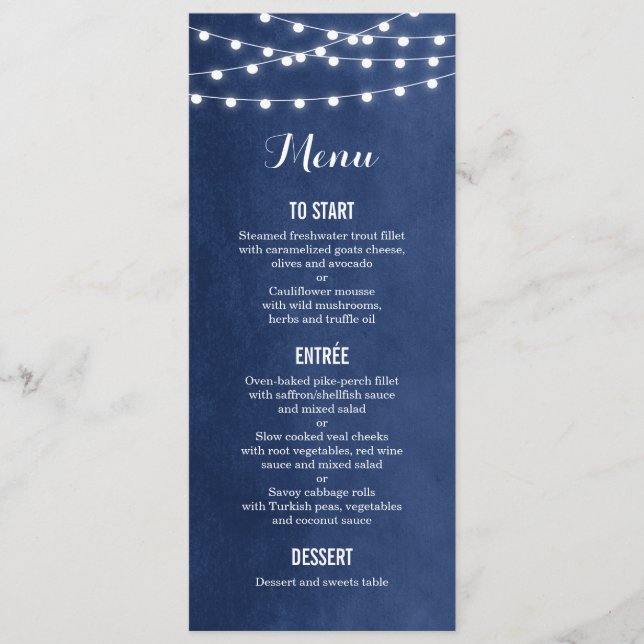 Blue String Lights Wedding Menu Card Menükarte (Vorderseite)