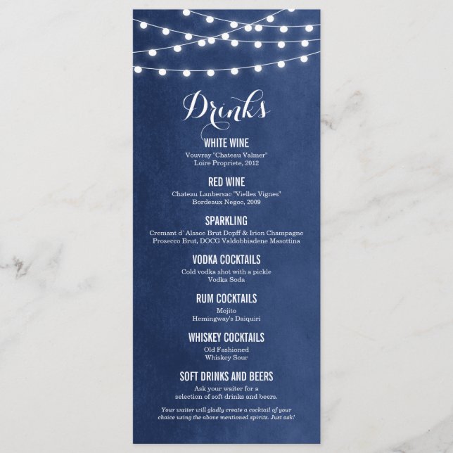 Blue String Lights Wedk Drink Menu Card Menükarte (Vorderseite)
