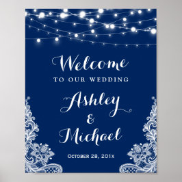 Blue String Lights White Lace Wedding Sign Poster