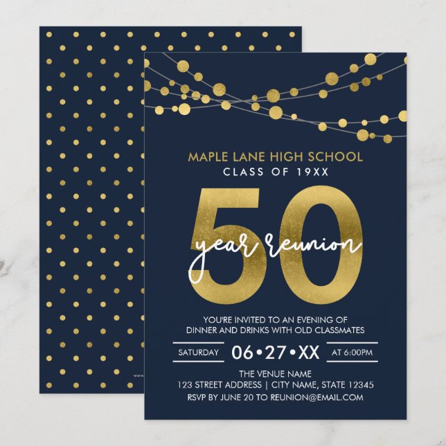 Blue Strings of Lights 50 Year Class Wiedersehen Einladung (Vorne/Hinten)