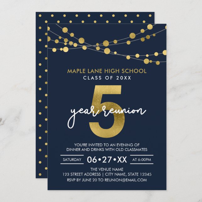 Blue Strings of Lights 5 Year Class Wiedersehen Einladung (Vorne/Hinten)