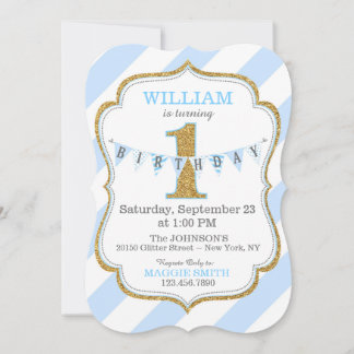 Blue Strip Gold Glitzer Erster Geburtstag Einladung