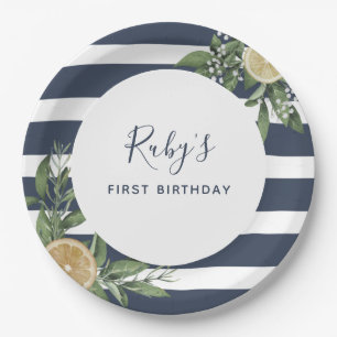 Blue Strip Lemon Citrus Erster Geburtstag Party Pappteller