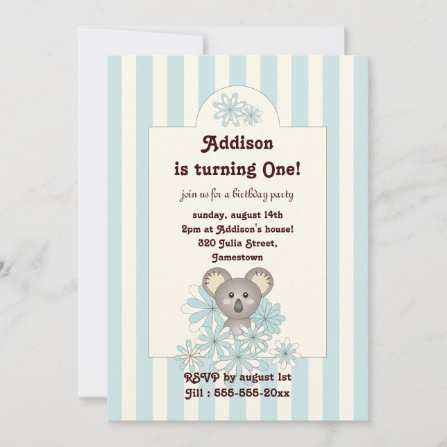 Blue Stripe Baby Koala Kindergeburtstag Einladung (Vorderseite)