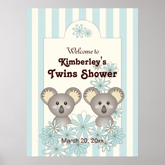 Blue Stripe Baby Koala Twin Kids Party Willkommen Poster (Vorne)