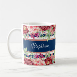Blue Stripe Burgundy Personalisierter Name Kaffeetasse