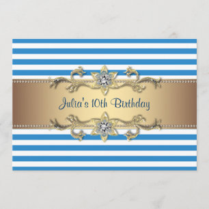 Blue Stripe Gold Blume 10. Geburtstag Einladung
