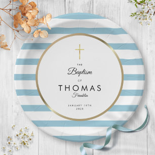 Blue Stripe Gold Cross Taufe Christening Pappteller