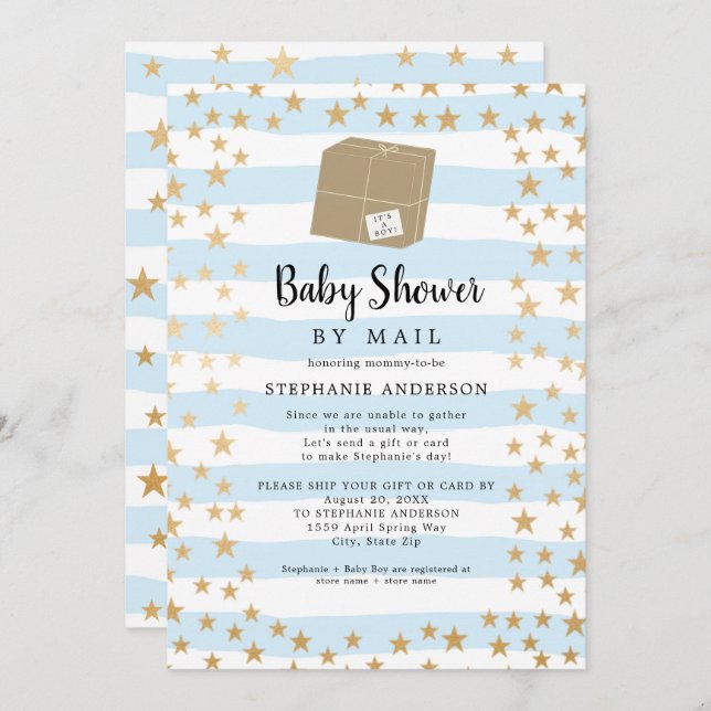Blue Stripe + Gold Star Boy Baby Shower per E-Mail Einladung (Vorne/Hinten)