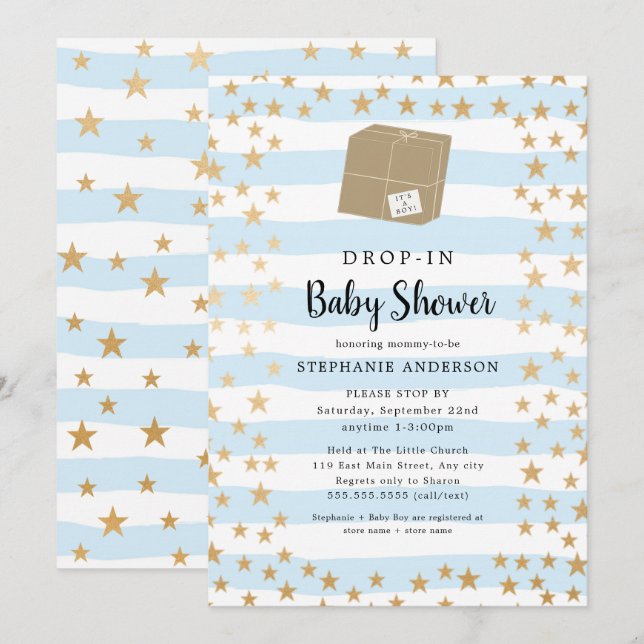 Blue Stripe + Gold Star DROP-IN Kinderdusche Einladung (Vorne/Hinten)
