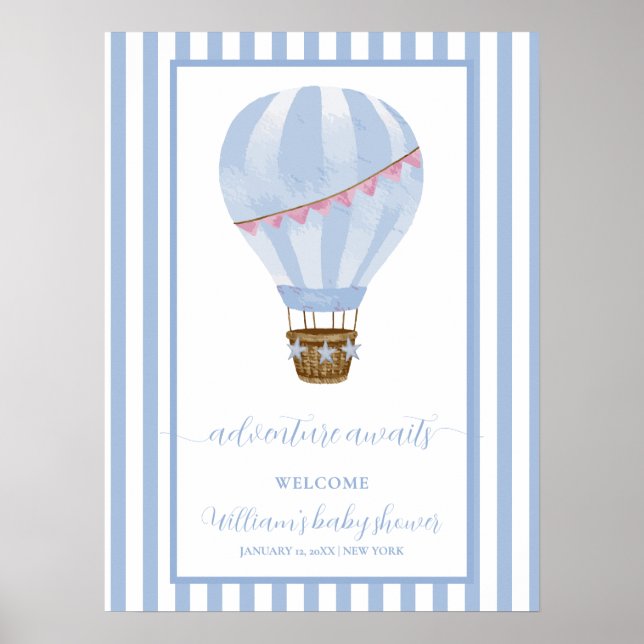 Blue Stripe Hot Air Ballon Babydusche Willkommen Poster (Vorne)