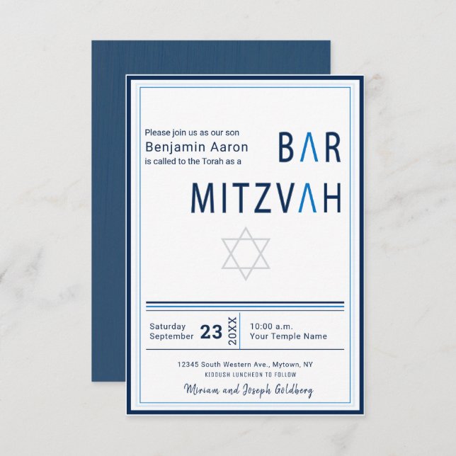 Blue Stripe Moderne Bar Mitzvah Einladung (Vorne/Hinten)