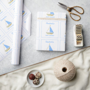 Blue Stripe Sailboat Babydusche Geschenkpapier