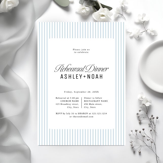 Blue Striped Elegance Classy Rehearsal Dinner Einladung (Blue Striped Elegance Classy Rehearsal Dinner Invitation)