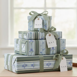 Blue Striped Floral Archive Personalized Wrapping  Geschenkpapier