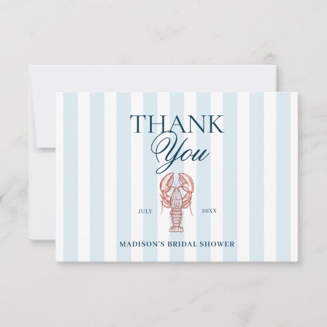 Blue Striped Lobster Theme Bridal Shower Dankeskarte (Vorderseite)