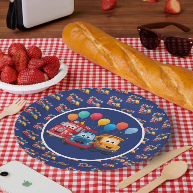 Blue Striped Truck Birthday Theme Pappteller (Picknick)